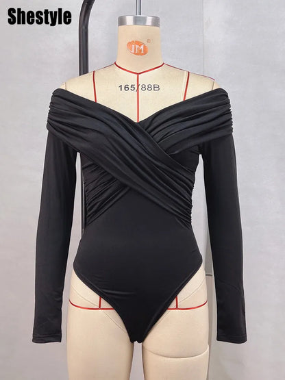 Shestyle Off Shoulder Slash Neck Bodysuits Women Overlap Solid Long Sleeve Basic T-Shirt Pleated Cross Bodycon Fashion Trendy.