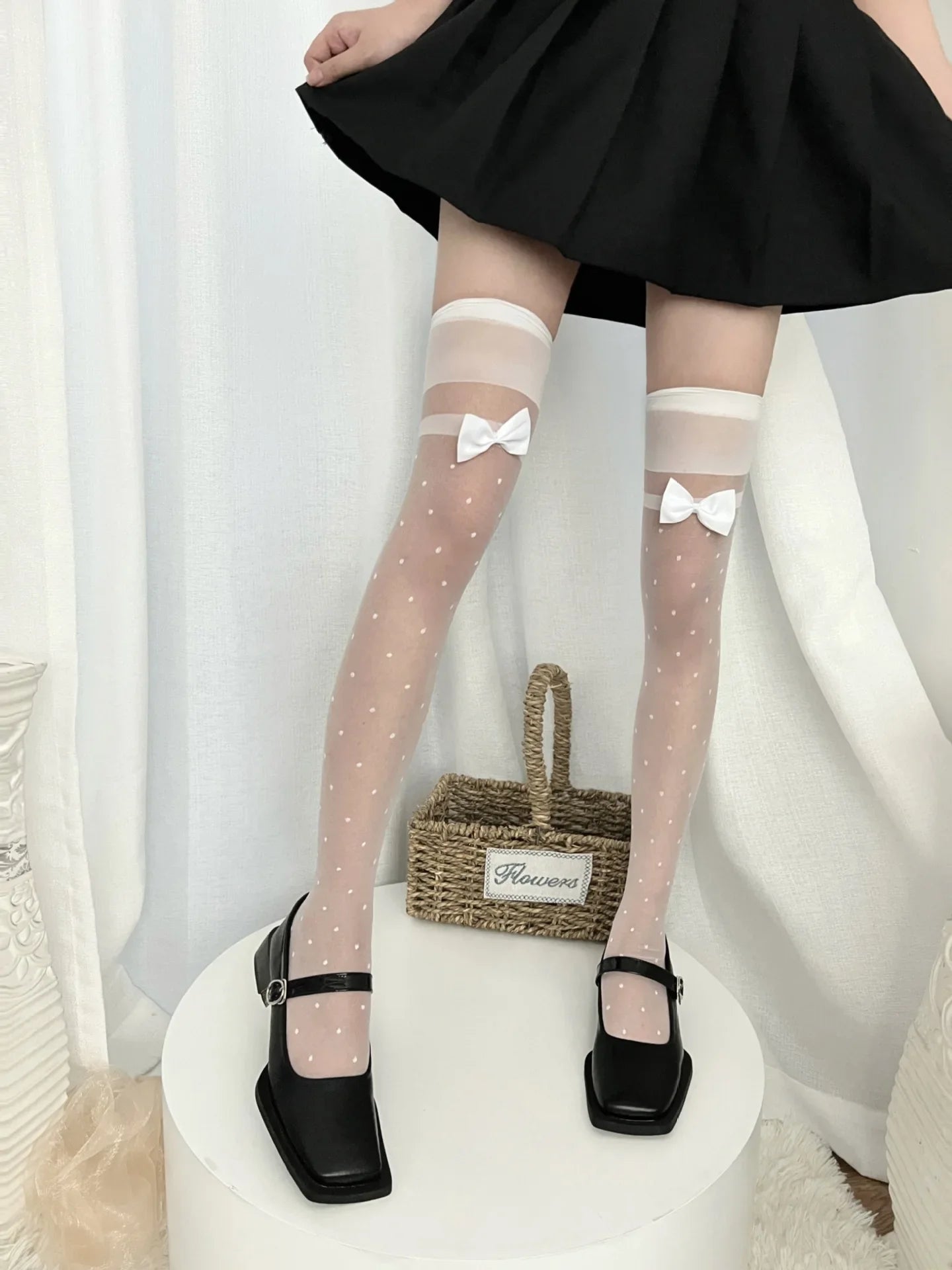 Black Silk Long Tube Socks with Small Polka Dot Bow Knot for Women Thin Summer Knee High Stockings Vintage JK Style over Knee.