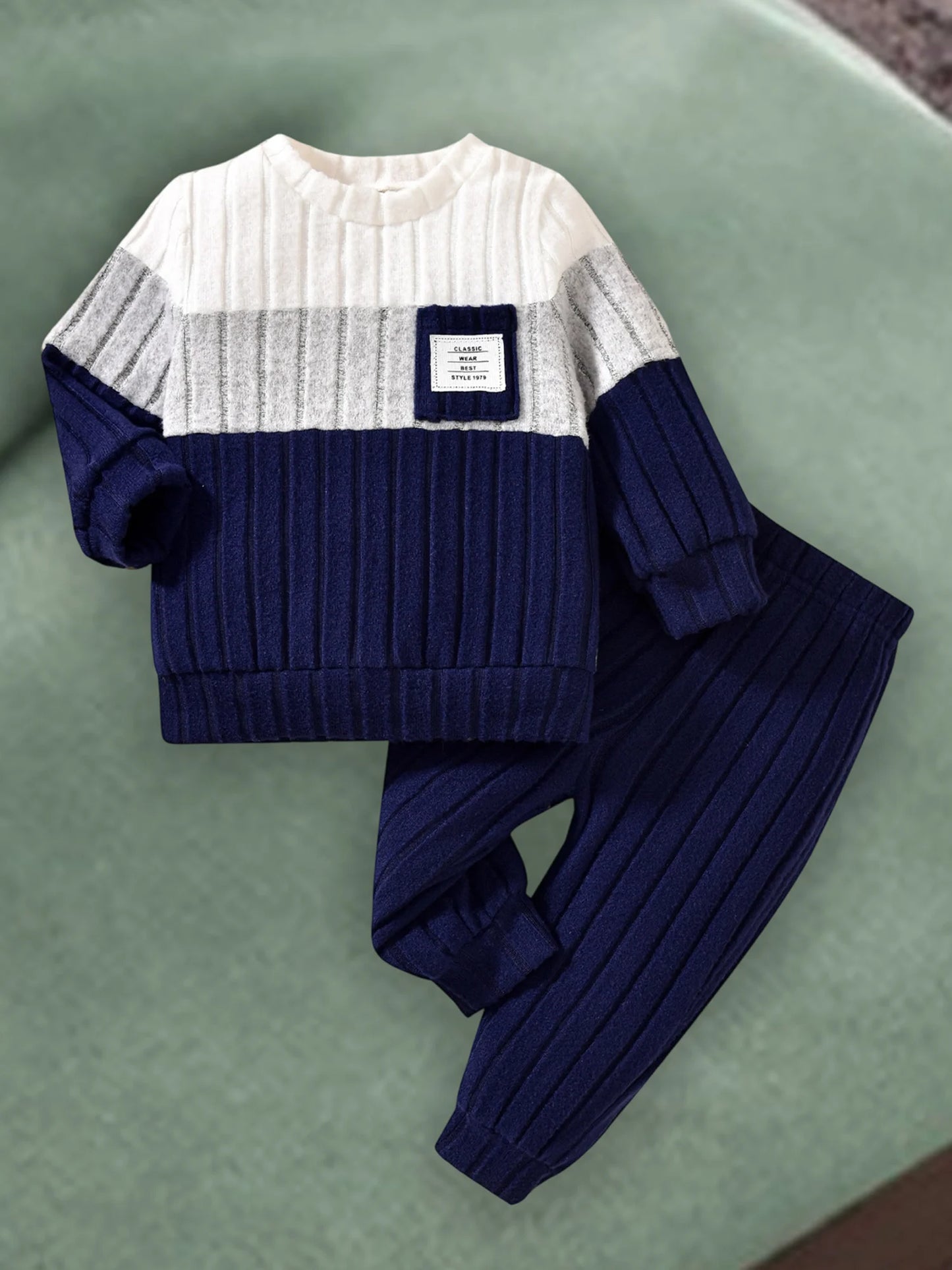 VISgogo 0-3 Years Boys Fall 2Pcs Clothes Sets Long Sleeve O Neck Patchwork Pullover Solid Color Pants.