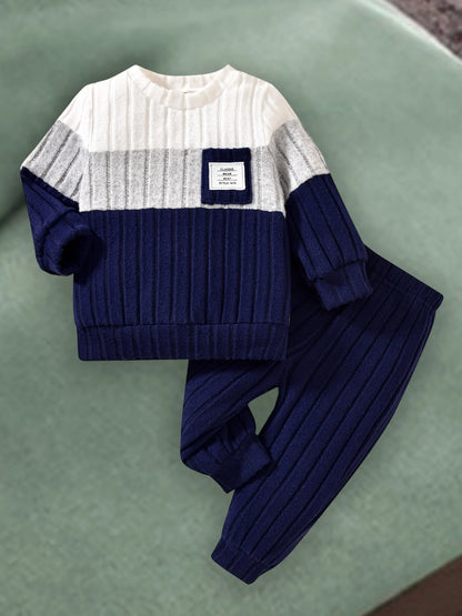 VISgogo 0-3 Years Boys Fall 2Pcs Clothes Sets Long Sleeve O Neck Patchwork Pullover Solid Color Pants.