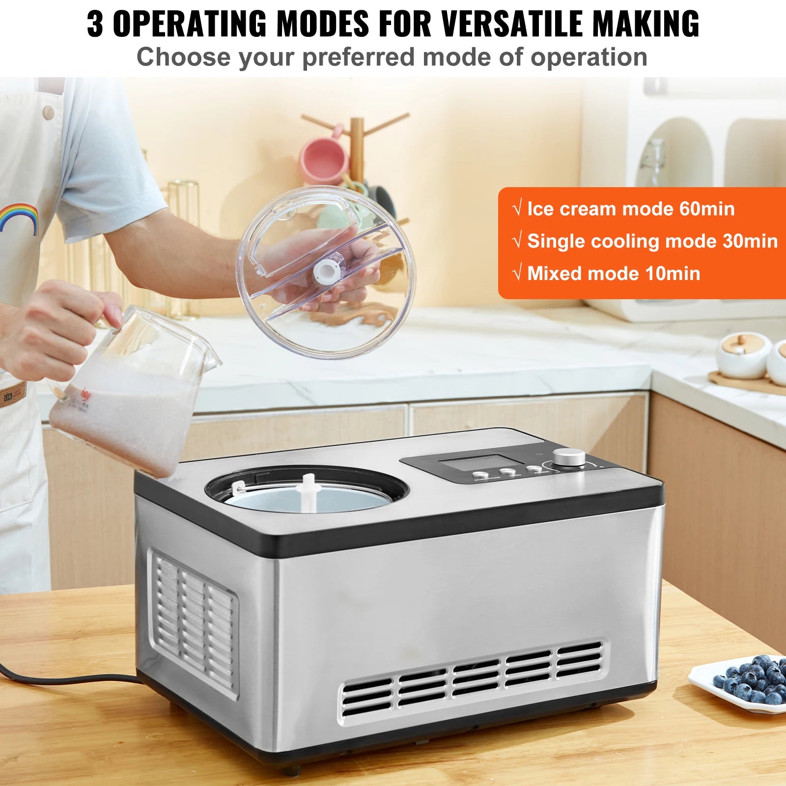 SucceBuy Automatic Ice Cream Maker with Built-in Compressor 2 Quart No Pre-freezing Fruit Yogurt Machine Electric Sorbet Maker.