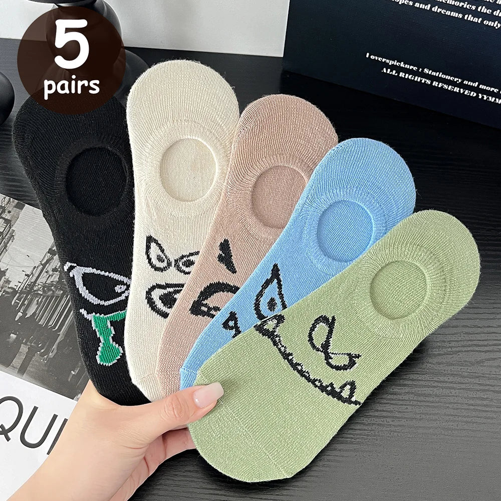 5 Pairs Women Cartoon Patterned Socks Trendy Versatile Breathable Sweat Wicking Deodorizing Antibacterial Comfortable Socks.