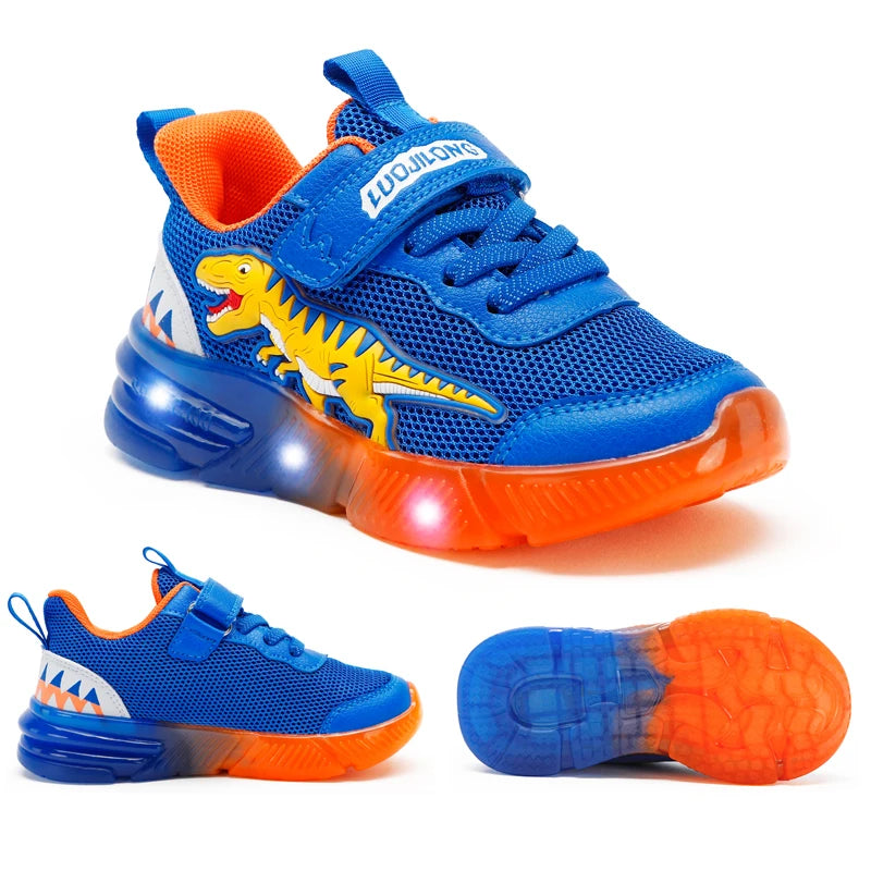 EXDINO Dinosaur Little Kids Spring Autumn LED Light Up Shoes Children Spinosaurus Boys Glowing Casual Sports Sneakers Non-slip