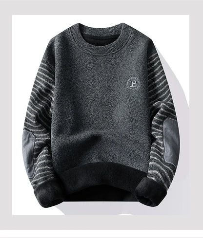 Men's Sweater Patckwork Round Neck Pullovers Fleece Lined Thick Warm Winter Knitwear Fashion Jumpers Men's Clothes.