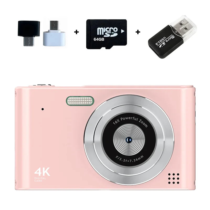 Retro digital camera, CCD camera, multilingual settings, gift for kids, students, 64GB SD card, pink.