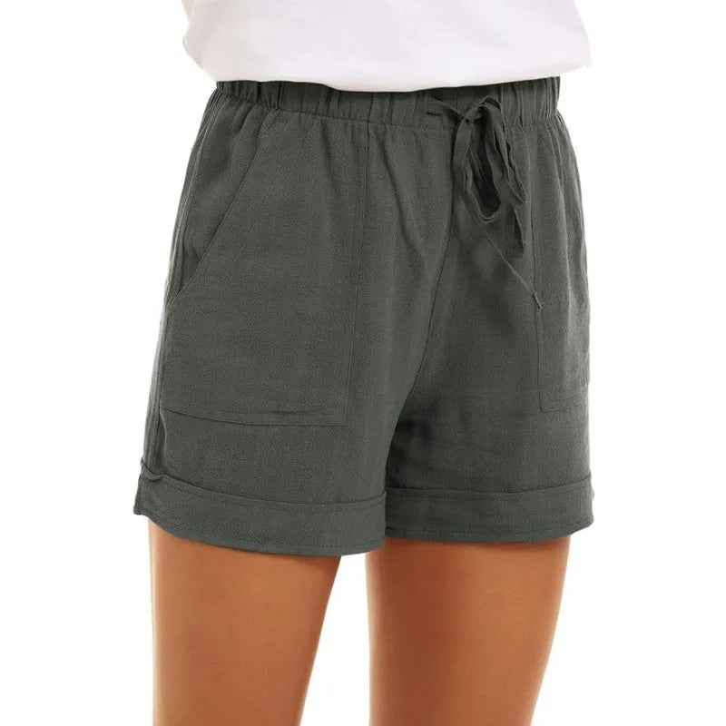 2025 Summer New Women's Shorts Loose Linen Casual Pockets Solid Color High Waist Wide Leg Pants.