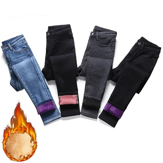 Frauen Thermische Dünne Jeans Mom Winter Warme Plüsch Stretch Jeans Dame Fleece Schnee Denim Hosen Student Bleistift Gerade Bein Hosen