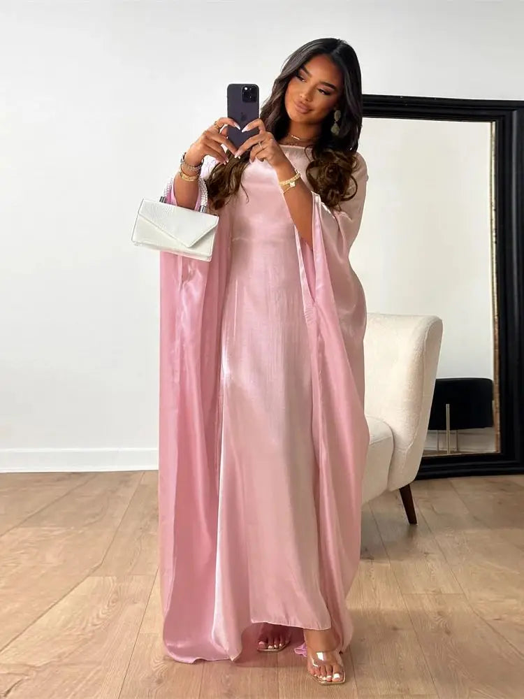 Batwing Butterfly Sleeve Satin Khimar Abaya Dubai Muslim Maxi Dress Kaftan Abayas For Women Kebaya Caftan Robe Femme Vestidos