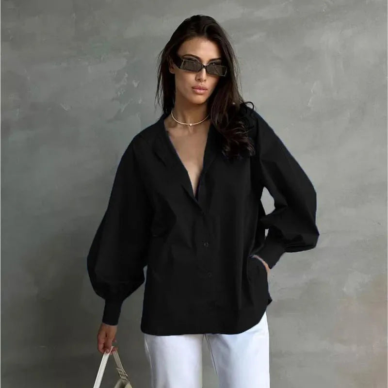 Women's Lantern Sleeve Oversized Blouse 2025 New Casual Loose Streetwear Black White Shirt Woman Vintage All-Match Basic Blusas.