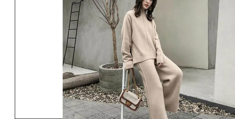 Loribindwood Gestrickte Pullover Breite Bein Hosen Anzug für Frauen Herbst/winter 2022, Neue Koreanische Lose Mode Zwei-stück Set