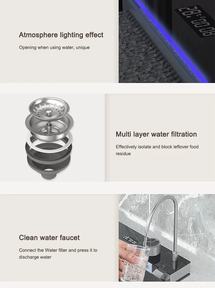 Küchenspüle, Wasserfall-Waschbecken aus Edelstahl, extra großer Einzelschlitz mit Digitalanzeige, Wasserhahn-Set für die Küche