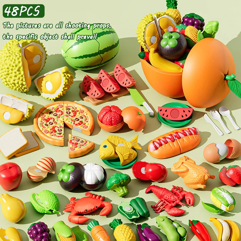 Kid Pretend Play Kitchen Toy Set Simulation Cut Fruit Vegetables Sensory Game Make Pizza Food Cook Girl Interactive Education To