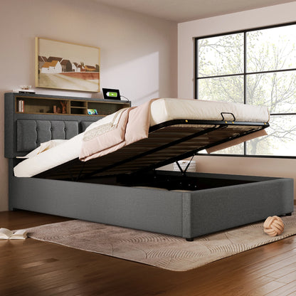 KOMHTOM Polsterbett Doppelbett Jugendbett Leinen - USB C Steckdose Ladefunktion im Kopfteil, Stauraumbett, ohne Matratze