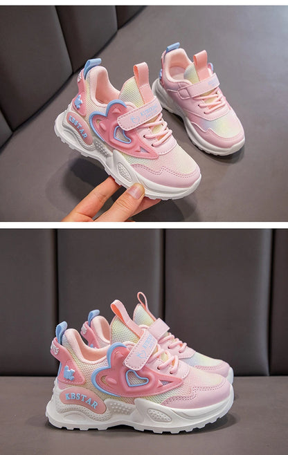Girls Sports Shoes Kids Running Shoes Pink Breathable Air Mesh Heart Sweet Sneakers Cute Hook & Loop Children's Casual  Shoes.