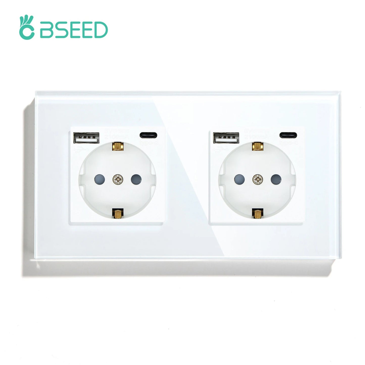 BSEED 1/2/3Gang Touch Licht Schalter 1Way Einfache Sensor Schalter Typ-c USB Steckdosen EU Standard glas Panel Blaue Hintergrundbeleuchtung 10A Weiß