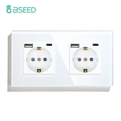 BSEED 1/2/3Gang Touch Licht Schalter 1Way Einfache Sensor Schalter Typ-c USB Steckdosen EU Standard glas Panel Blaue Hintergrundbeleuchtung 10A Weiß