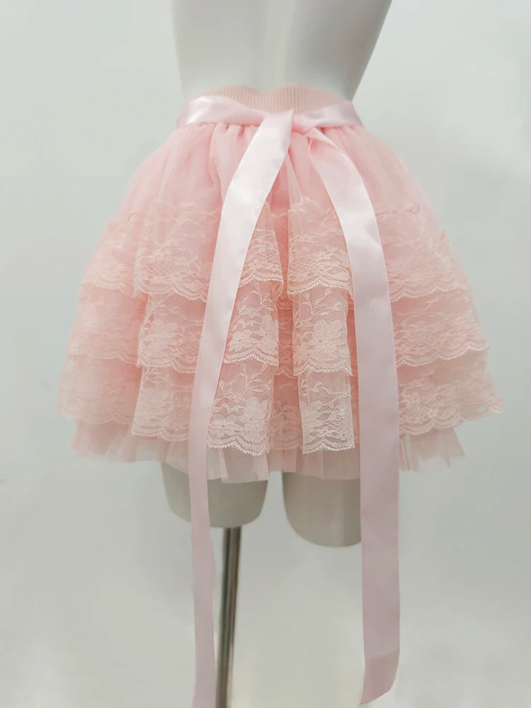 Multilayered Lace Skirts for Sweet Girls Summer Ribbons Bows Decoration Elastic Waist Lolita Style White Skirt Kawaii Clothes.