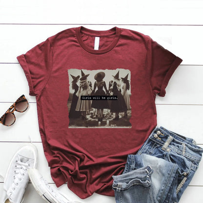 Vintage Girls Will Be Girls Hexen-T-Shirt, lustiges Hexen-T-Shirt, Halloween-Damen-Shirt, kurzärmeliges Streetwear-T-Shirt, Witchy Vibes Top.