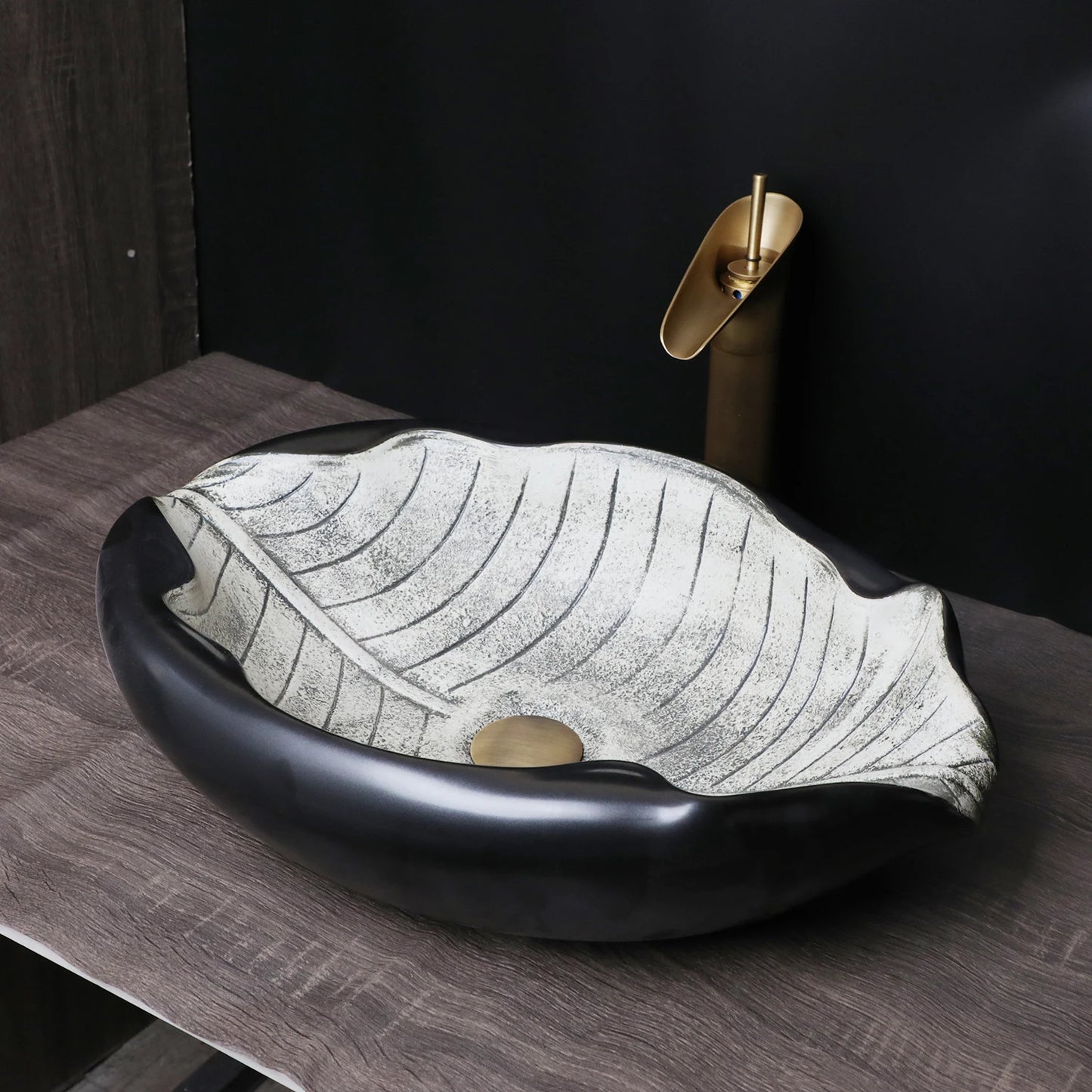 KEMAIDI Art Keramik-Badezimmerwaschbecken-Set, Waschbecken im Blatt-Stil mit Wasserfall, Antik-Messing-Wasserhahn und Abfluss, hochwertige Waschbecken aus Porzellan