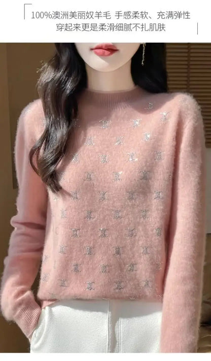 Temperament Fashion Autumn Winter New Sweaters Women Turtleneck Diamonds Long Sleeve Loose Pullovers Bottoming Shirt Knitted Top.