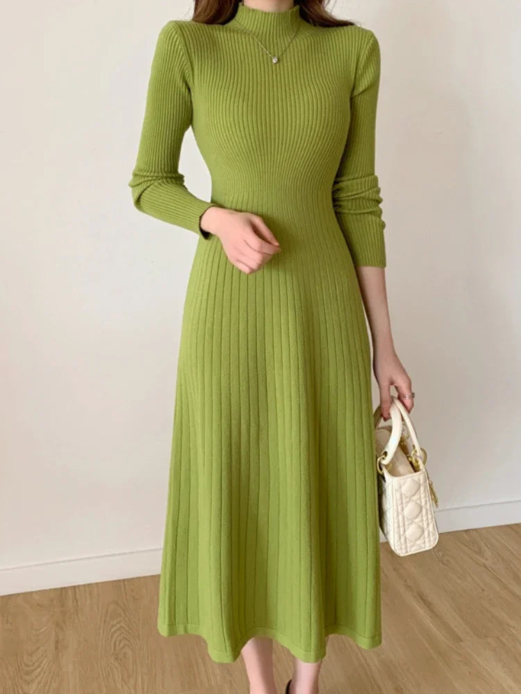 Herbst Winter 2023 Schlank Langarm Party Midi Kleid für Frauen Gestrickte Halb Hohen Kragen Elegante Gestrickte Pullover Kleider Damen.