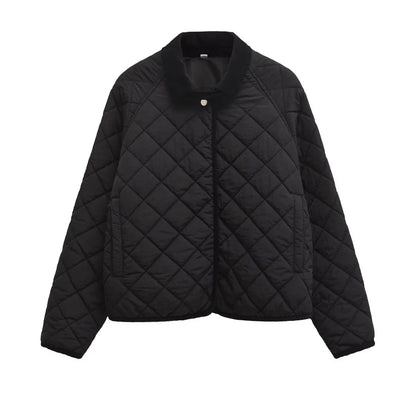 Women's Quilted Jacket with Padded Lining Model ETJ 2025 - Casual and Simple Diamond Quilted Short Puffer Jacket with Collar.