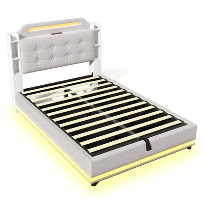 140*200cm Polsterbett mit LED-Lichtleiste und mehreren Ablagefächern, für Schlafzimmerwäsche, Beige (ohne Matratze)