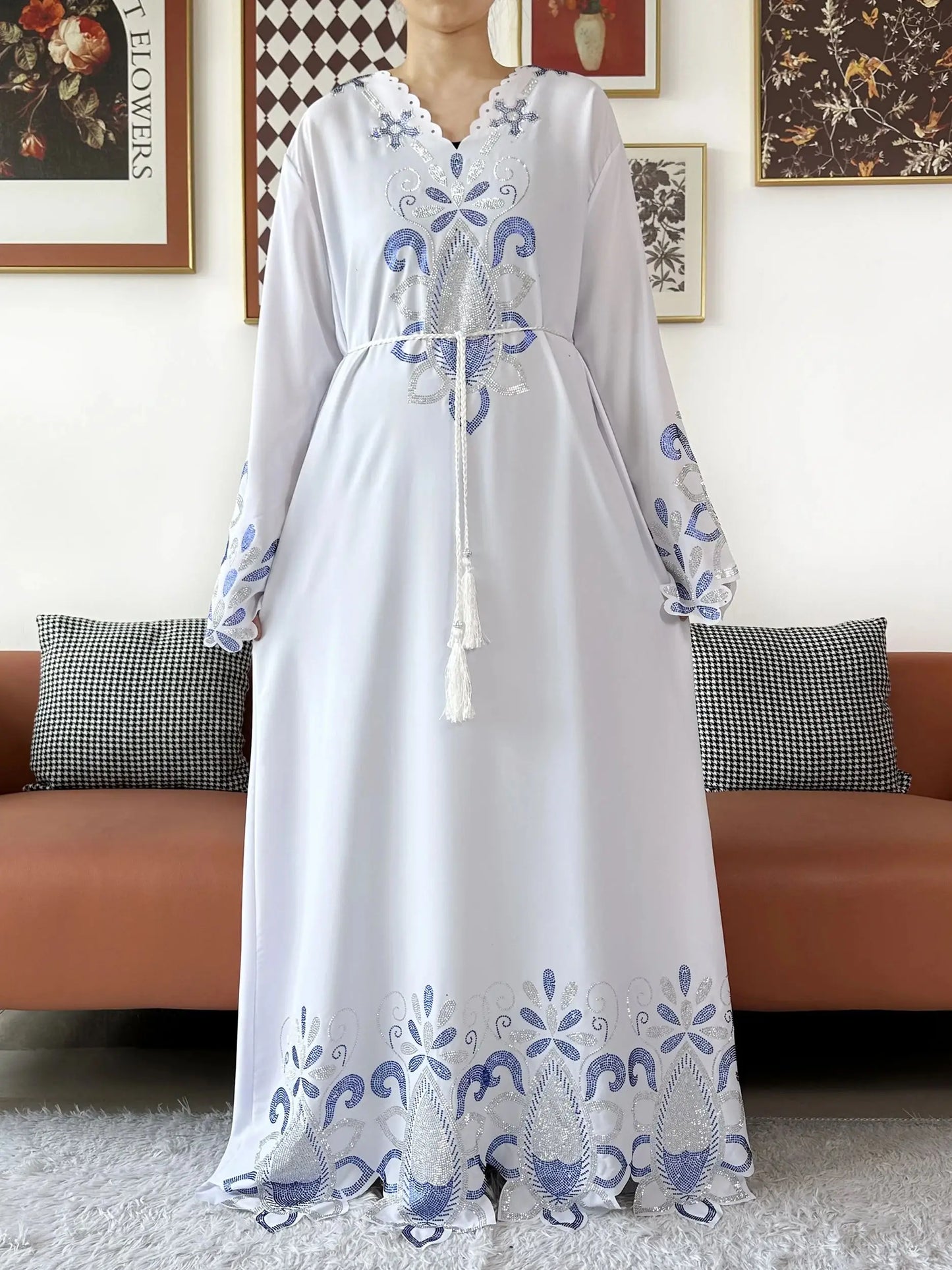 New 2025 Muslim Party Women Abaya Chiffon Diamond Long Sleeve Casual Clothing African Abaya Women Robe Dubai Turkey Islamic Robe.