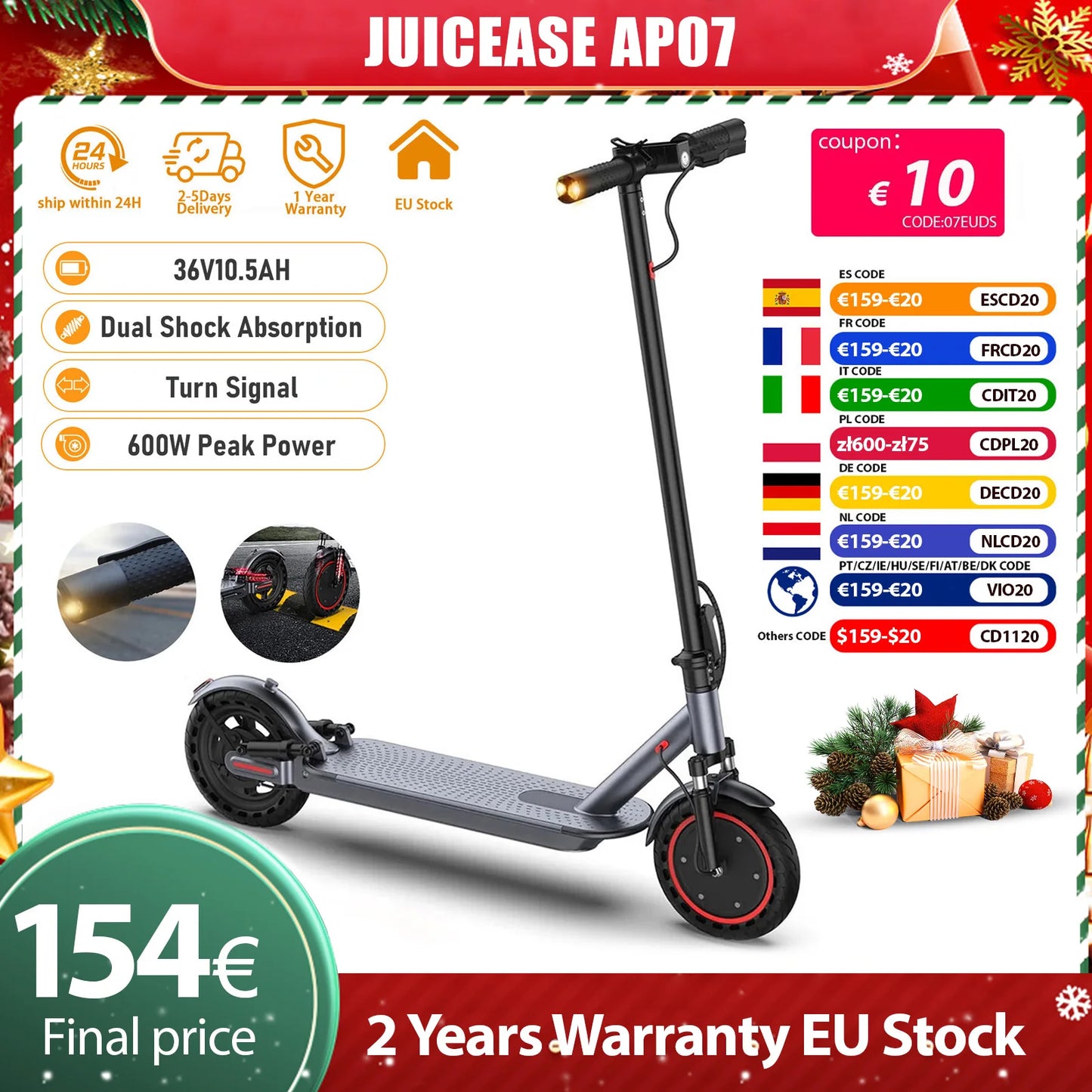 JUICEASE AP07 Electric Scooter 35KM Range 8.5Inch Escooter 350W/600W Power 31KM/H APP Scooter Electric Dual Damping Turn Signal.