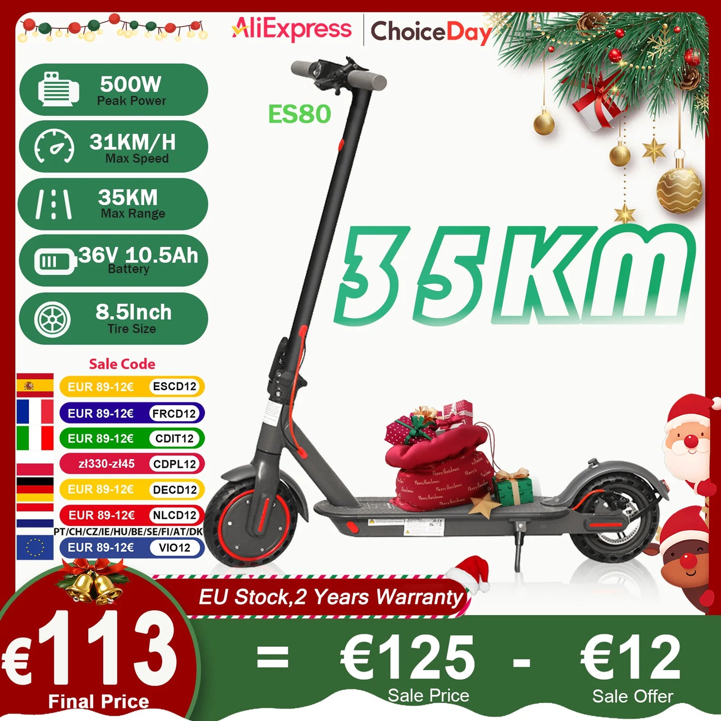 ES80/M365 X1 Electric Scooter 36V 10.5Ah 500W Motor 35KM Long Range 31KM/H 8.5Inch Solid Tires Foldable Smart APP EScooter.
