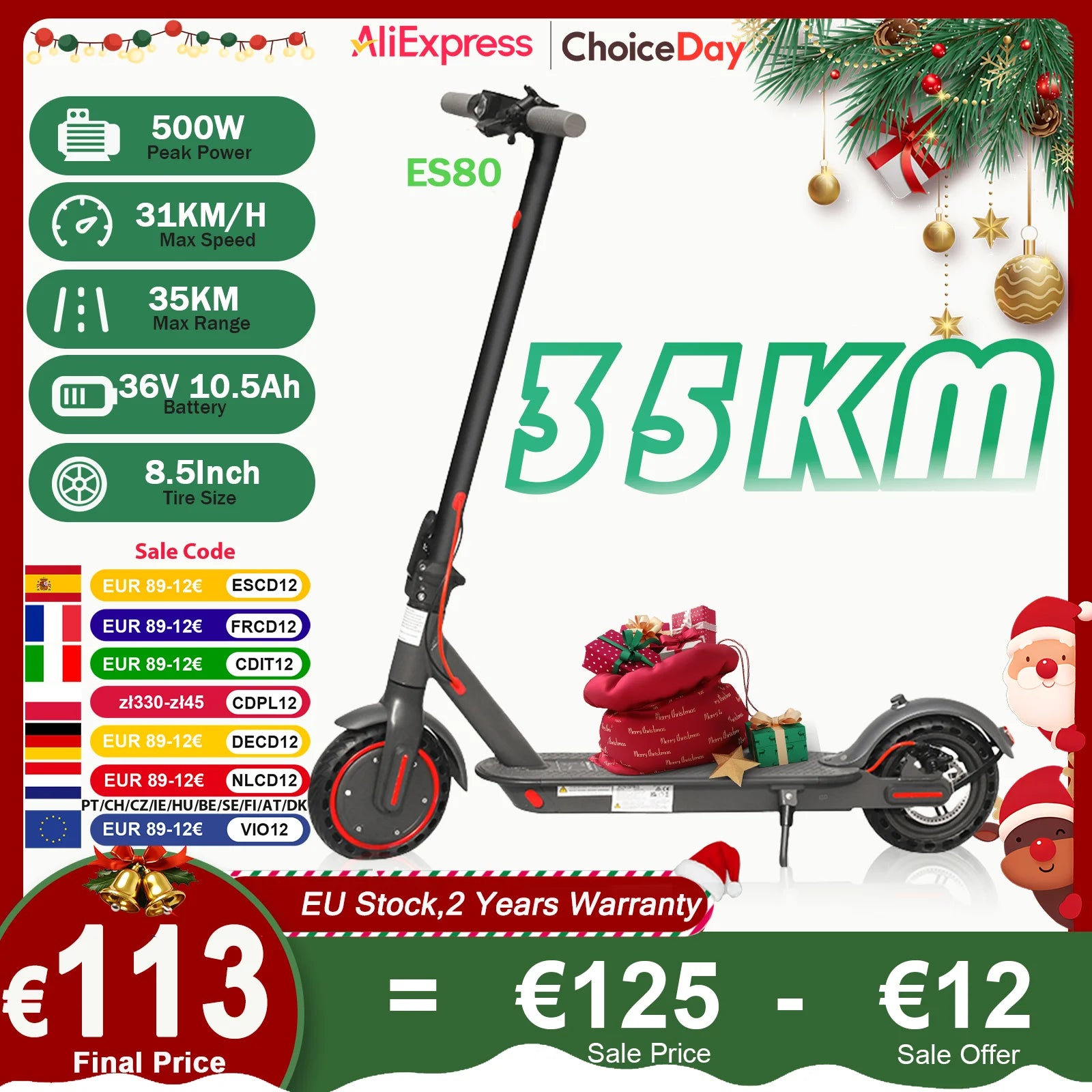 ES80/M365 X1 Electric Scooter 36V 10.5Ah 500W Motor 35KM Long Range 31KM/H 8.5Inch Solid Tires Foldable Smart APP EScooter.