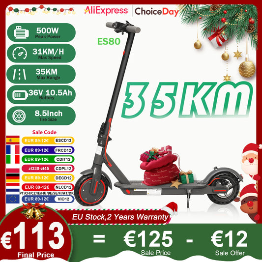 ES80/M365 X1 Electric Scooter 36V 10.5Ah 500W Motor 35KM Long Range 31KM/H 8.5Inch Solid Tires Foldable Smart APP EScooter.