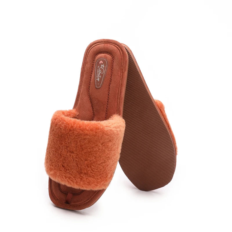 Litfun Women Warm Slides Plush Flat Slippers Women Warm Slides Cozy Soft Sole Faux Fur Shoes Female Cute Open Toe Home Slippers.