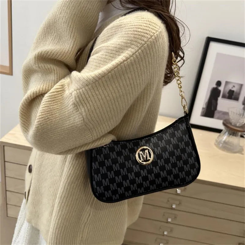 Vintage Style Handbag Crossbody Bag, Gold Letter 'M' Design Pu Leather Shoulder Messenger Bag, Synthetic Leather Tote Bag, Purse.