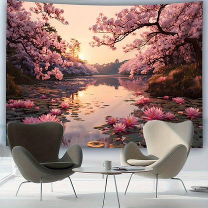 [Beautiful Landscape Tapestry] Extra Large Size - Beautiful Lotus and Cherry Blossom Lake Landscape Photo Tapestry | Polyester A.