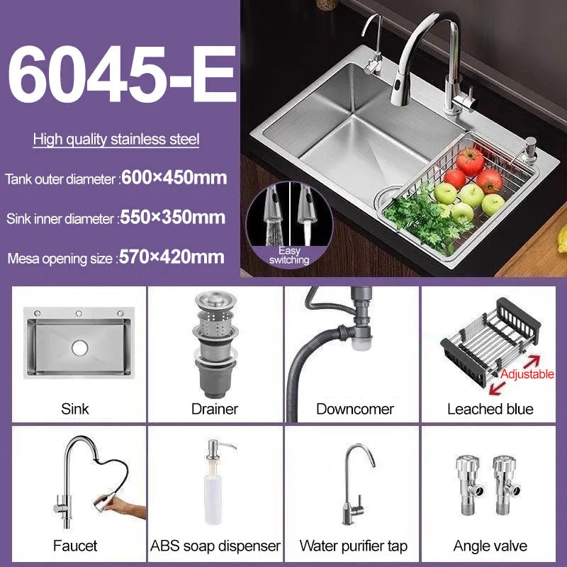 Thickened 304 Stainless Steel Single Sink Kitchen Sink Undermount Dishwashing Trough for Home Improvement