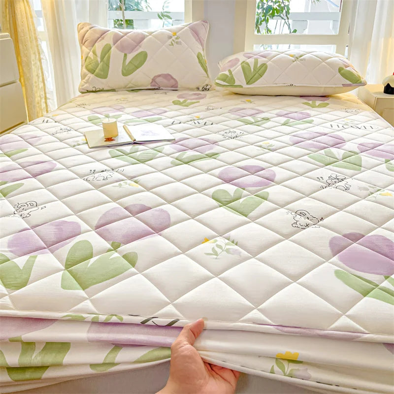 1pc Floral Style Bed Cover Quilted Bedspread Non-slip Mattress Protector Adults Kids Room Bedsheets 매트리스 커버 (No Pillowcase).