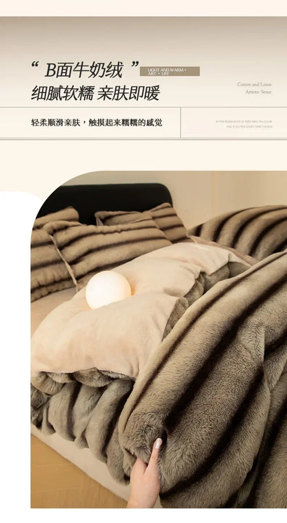 Winter Thick Warm Luxury Bedding Set Include Quilt Cover Sheet Pillowcase Solid Color Coral Velvet Soft Queen Duvet Cover Set.