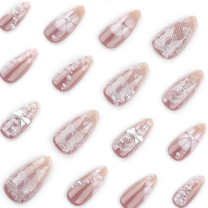 24pcs Graceful Bowknot Pearl Press on Nails White Petals False Nails Sweet Lace Designs Fake Nails French Almond Nail 3D Flower.