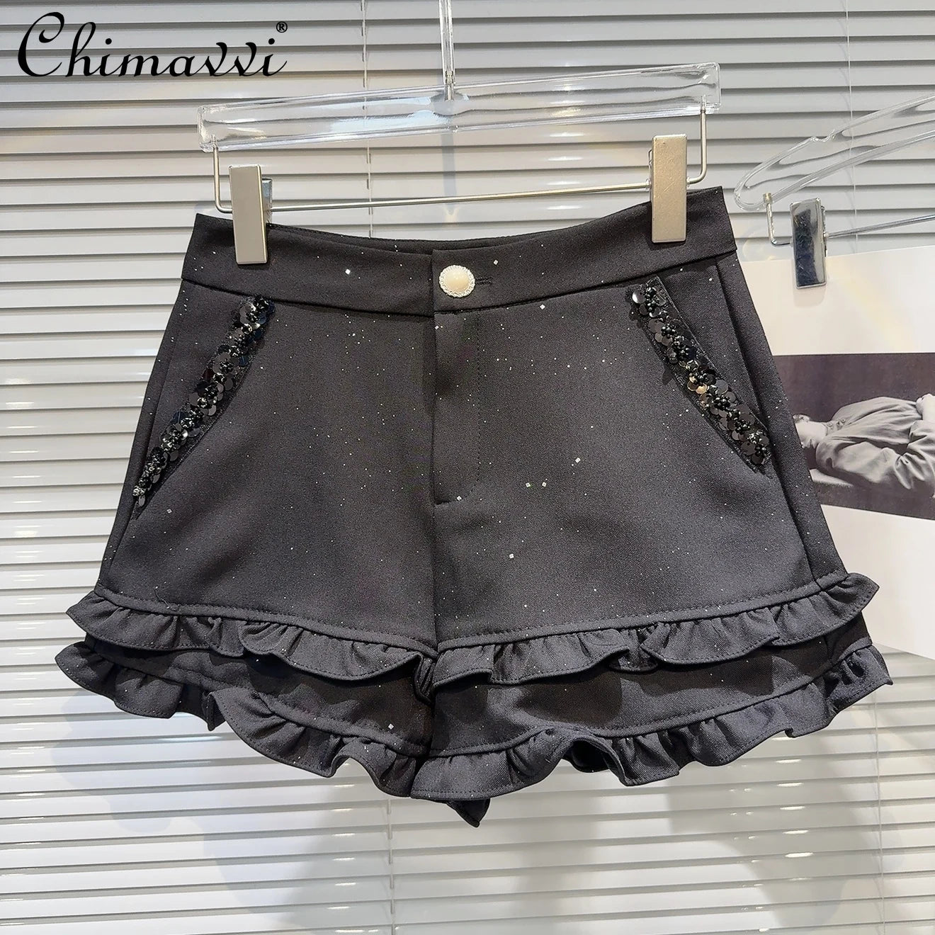 2025 Summer Clothes New Fashion Sequined Beaded Fungus Edge Pants Three-point Shorts Sweet Girls Temperament Short Pants Women.