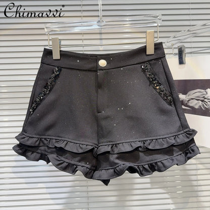 2025 Summer Clothes New Fashion Sequined Beaded Fungus Edge Pants Three-point Shorts Sweet Girls Temperament Short Pants Women.