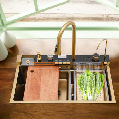 Goldfarbenes intelligentes Küchenspülbecken mit Wasserhahn, digitales Touch-Bedienfeld, ausziehbarem Sprühgerät und Tassenwascher, modernes Waschbecken aus Edelstahl