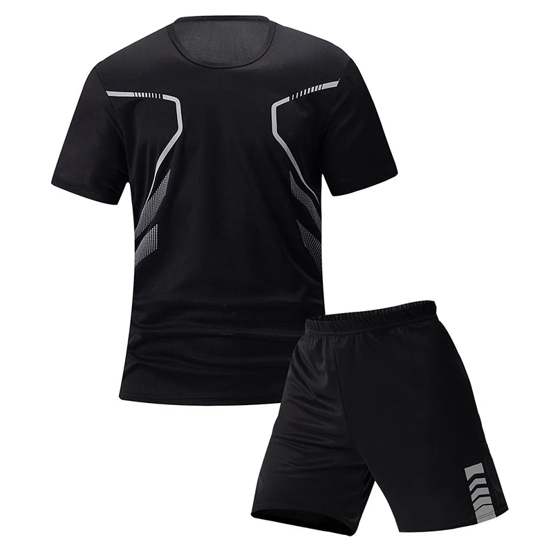 2-pcs Men's Quick-drying Exercise Black-and-white Suit Running Fitness Breathable Short Sleeve Comfortable Joker Playing Shorts.