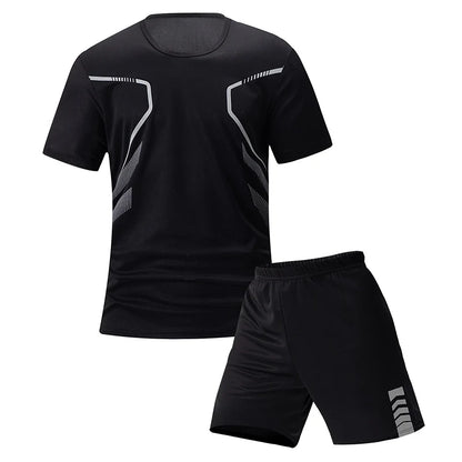 2-pcs Men's Quick-drying Exercise Black-and-white Suit Running Fitness Breathable Short Sleeve Comfortable Joker Playing Shorts.