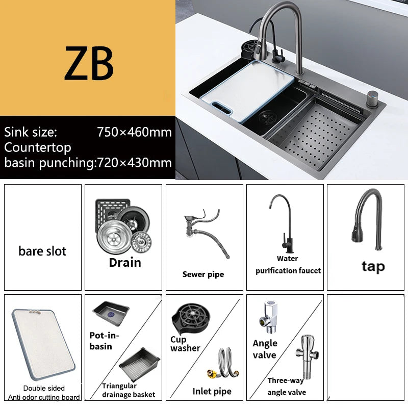 New Stainless Steel Kitchen Sink with Waterfall  Large Single Slot Various Multifunctional Sinks Dish and Vegetable Wash Basin