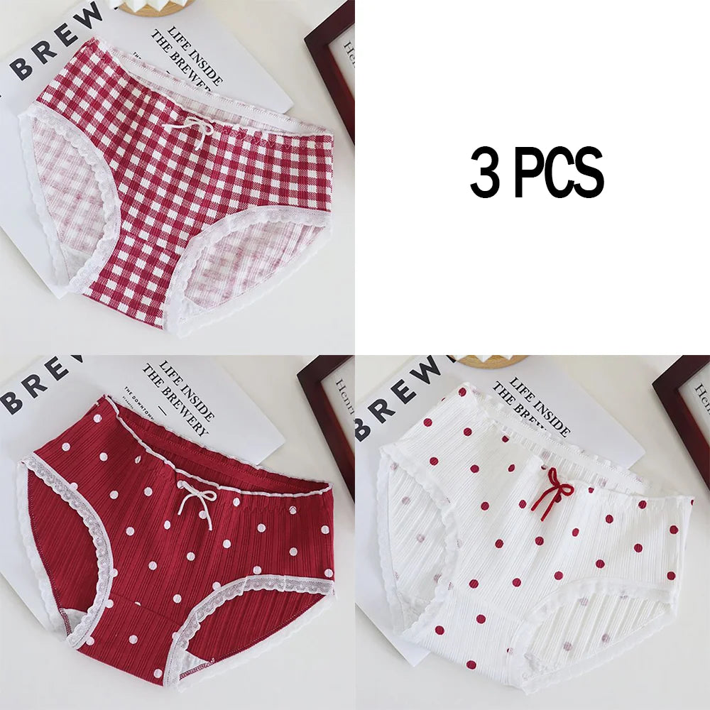 3pcs Cotton Women's Panties Sweet Cute Printed Student Mid-Waist Underwear Fashionable Breathable Girls Daily Briefs.