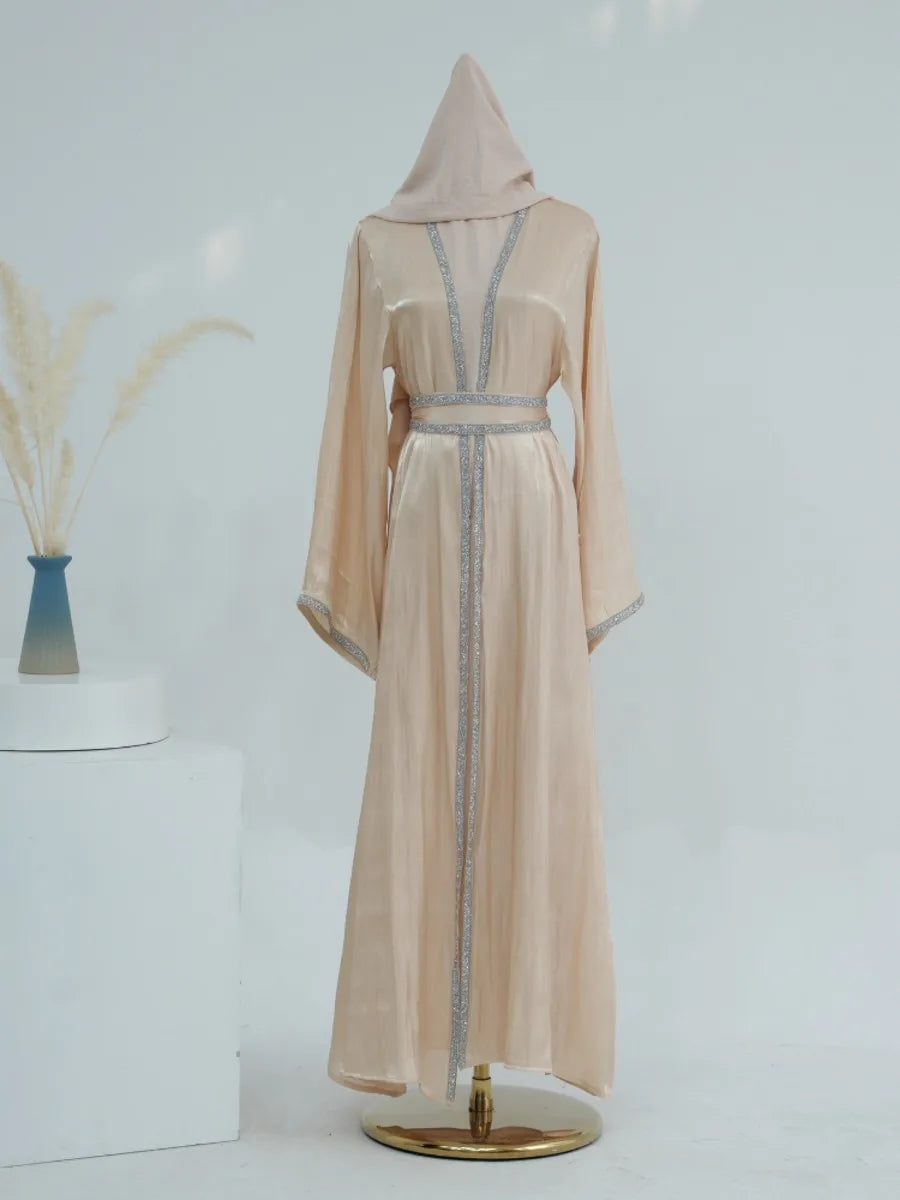 Muslim Abaya for Women Eid Dress 2 Piece Set Diamond Morocco Ramadan Lace-up Abayas Kaftan Islam Cardigan Dubai Arab Long Robe