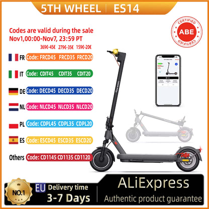 5TH WHEEL ES14 ABE Adult E-Scooter 400W Motor 48V 7.5AH Battery City Electric Scooter 10" Solid Tires Foldable Electric Scooter.