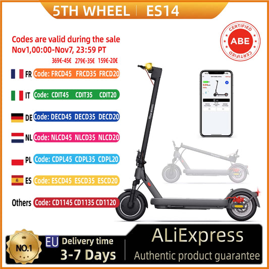 5TH WHEEL ES14 ABE Adult E-Scooter 400W Motor 48V 7.5AH Battery City Electric Scooter 10" Solid Tires Foldable Electric Scooter.
