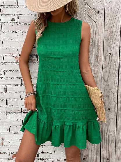 Neue Sommer Ärmellose Rüschen Mini Kleid Frauen Casual Lose Kurze Kleider Für Frauen Elegante Strand Urlaub Kleid 2024.